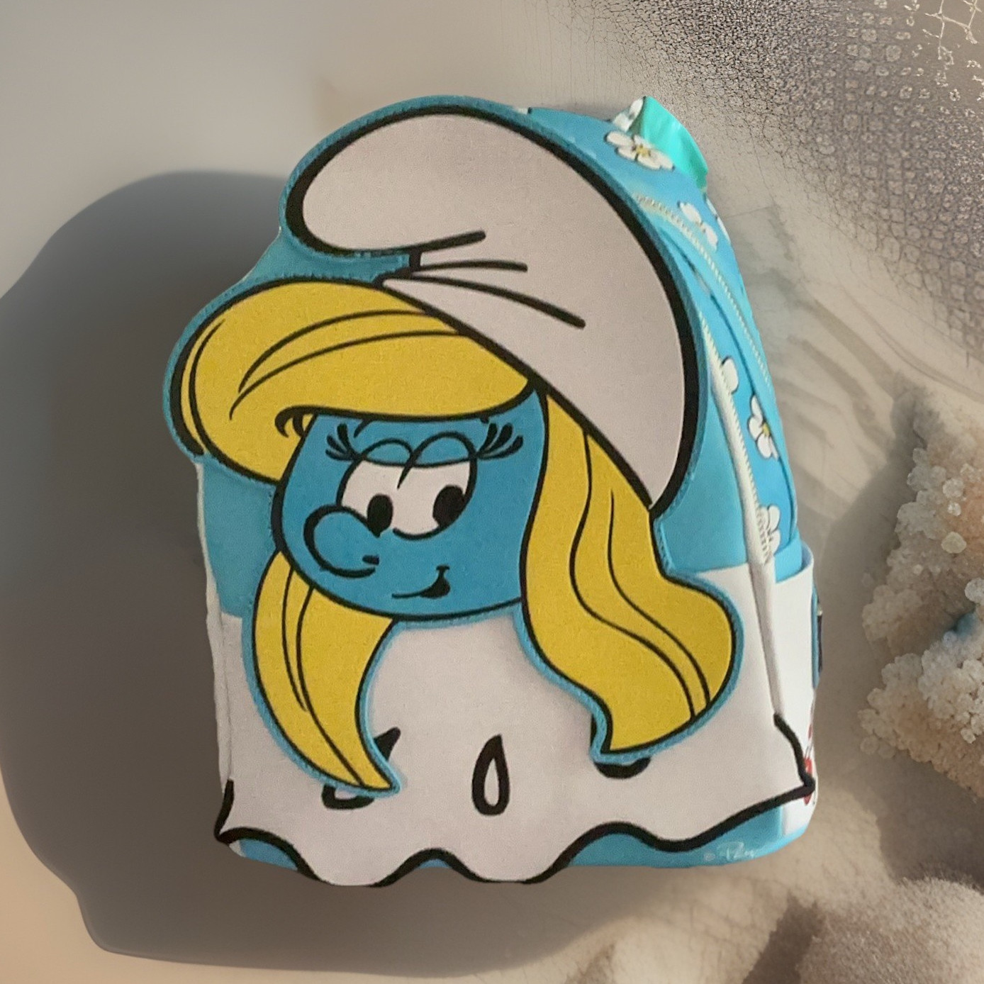 Loungefly The Smurfs Smurfette Mini Backpack Blue White Graphic Print Zip