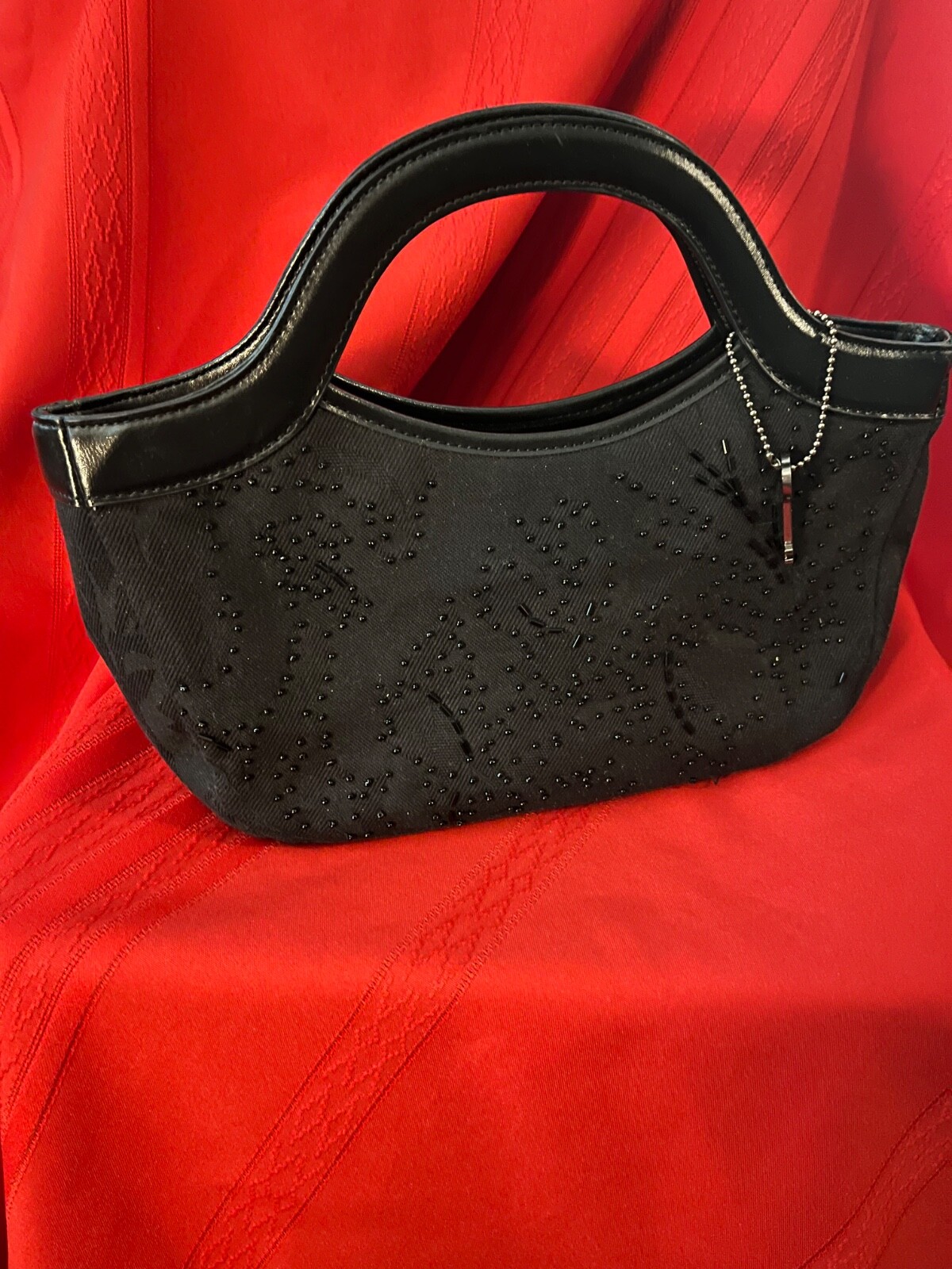 Forever By Fossil Small Black Fabric Faux Leather Beaded Handbag Purse with Key