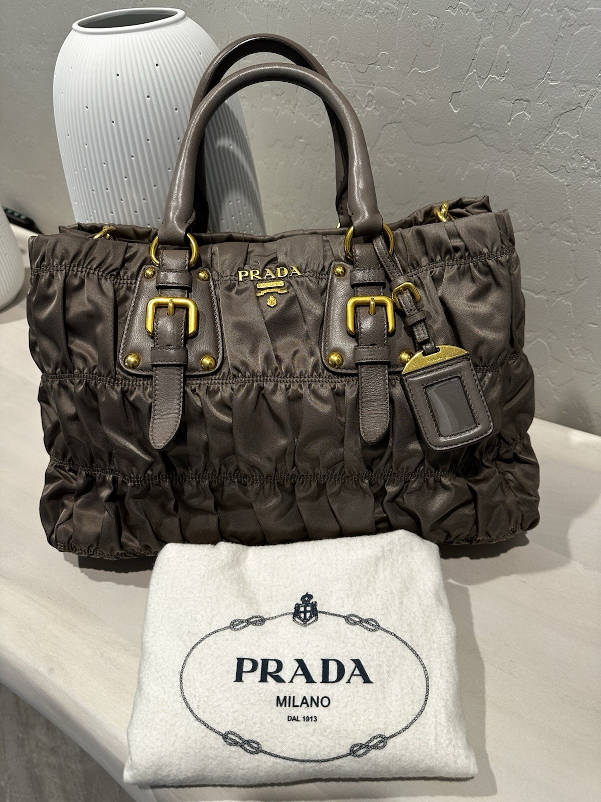 PRADA Gray Ruched Satchel Top Handle Bag w/ Detachable Strap Gold Hardware