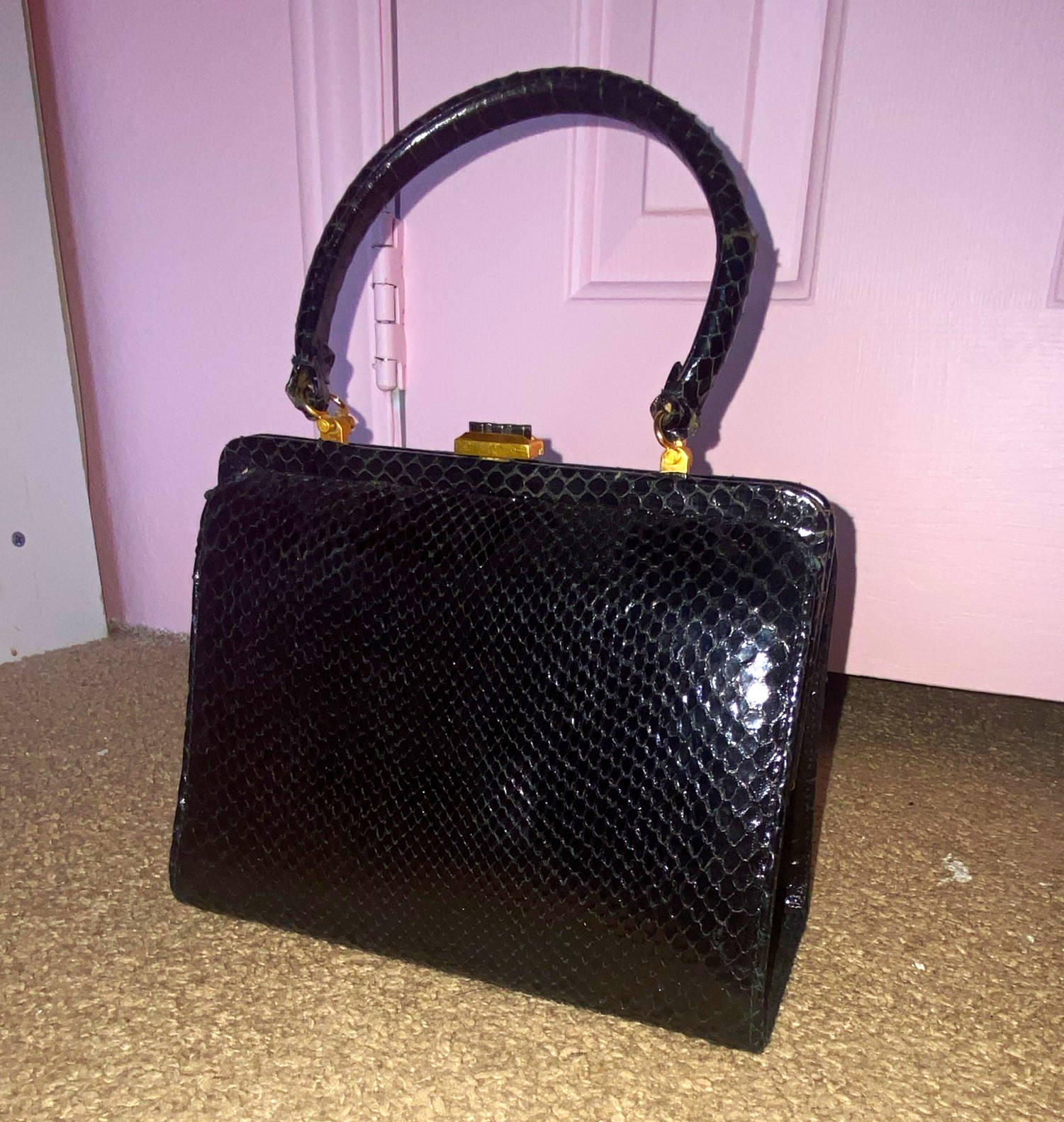 Vintage Black Snakeskin Top Handle Satchel, Gold Hardware