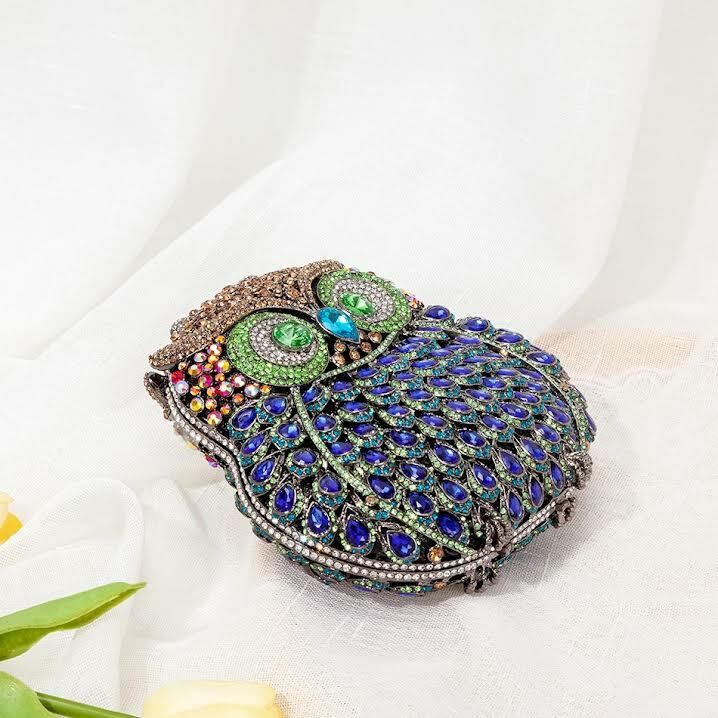 Clutch Handbag Bag Purse Crystal Clutch Evening Bag Blue Owl Diamond Gold Bag