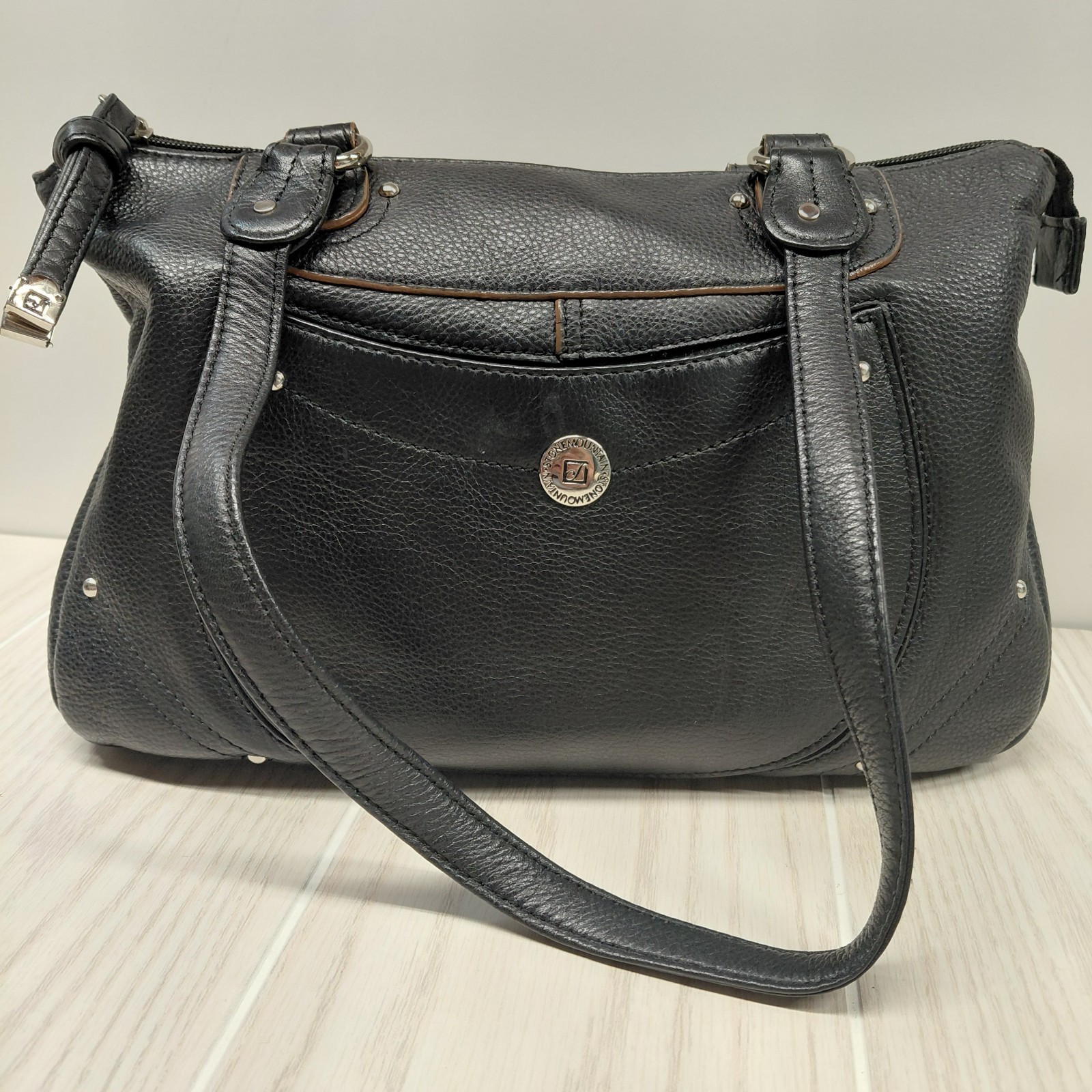 Stone Mountain Pebbled Black Leather Double Handle Handbag Purse Multi Pockets