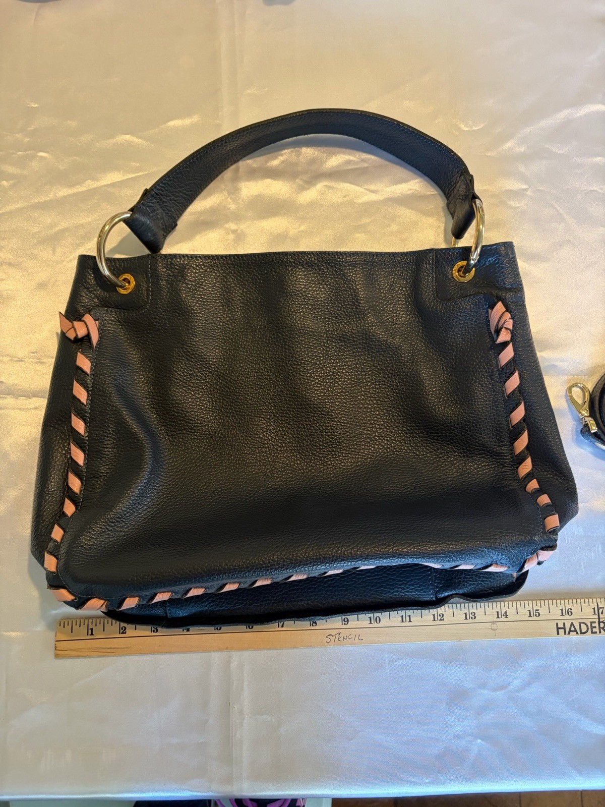 A. Bellucci Leather Handbag Blue W/ Pink Whipstitching Removable Crossbody Strap