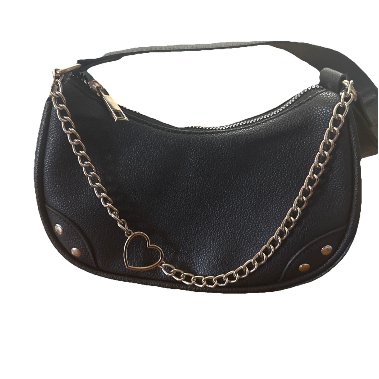 Vegan Leather Cute Goth Chain And Heart Small Size Handle Bag
