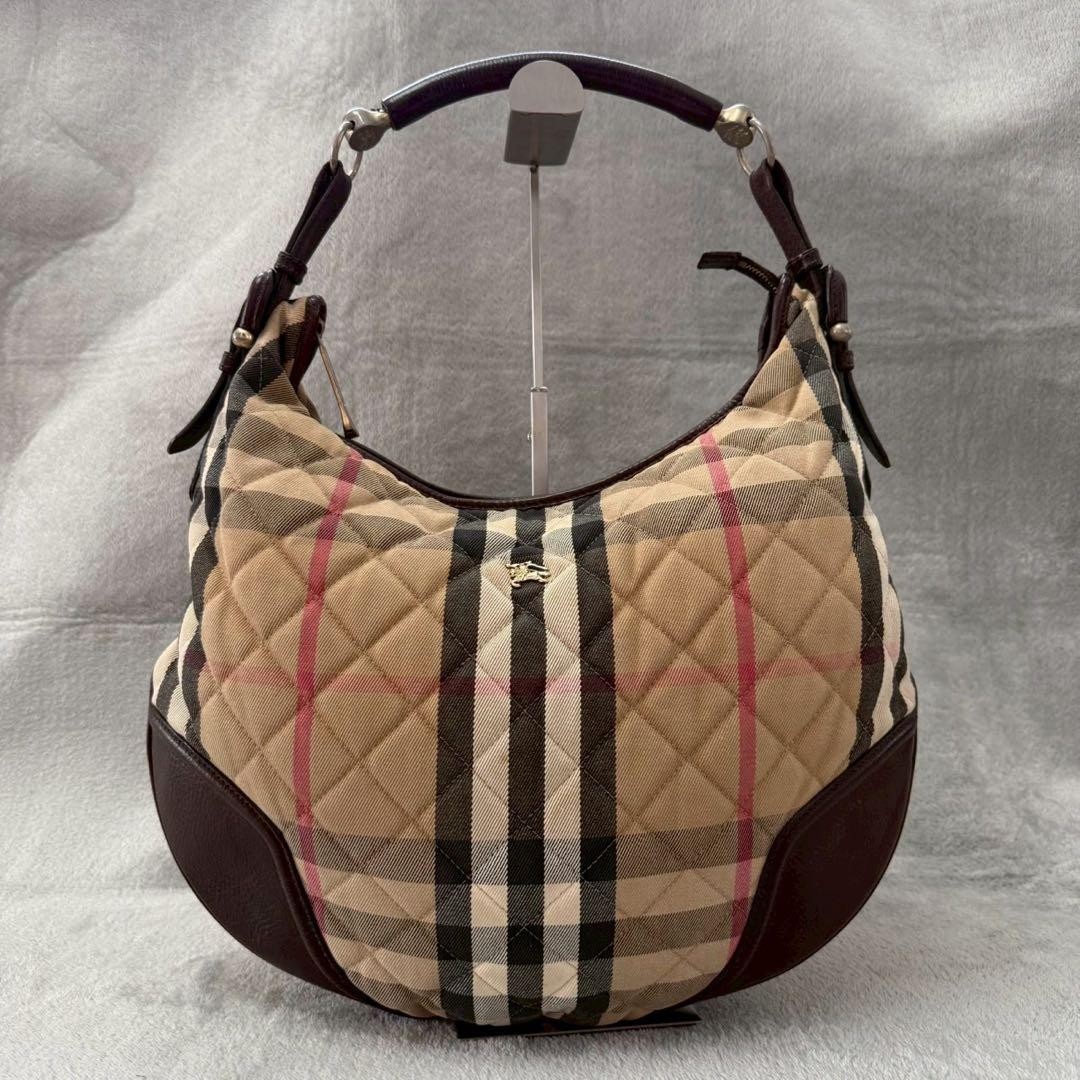 Burberry Nova Check Quilted Hobo Bag Beige Shoulder Horse Logo Auth