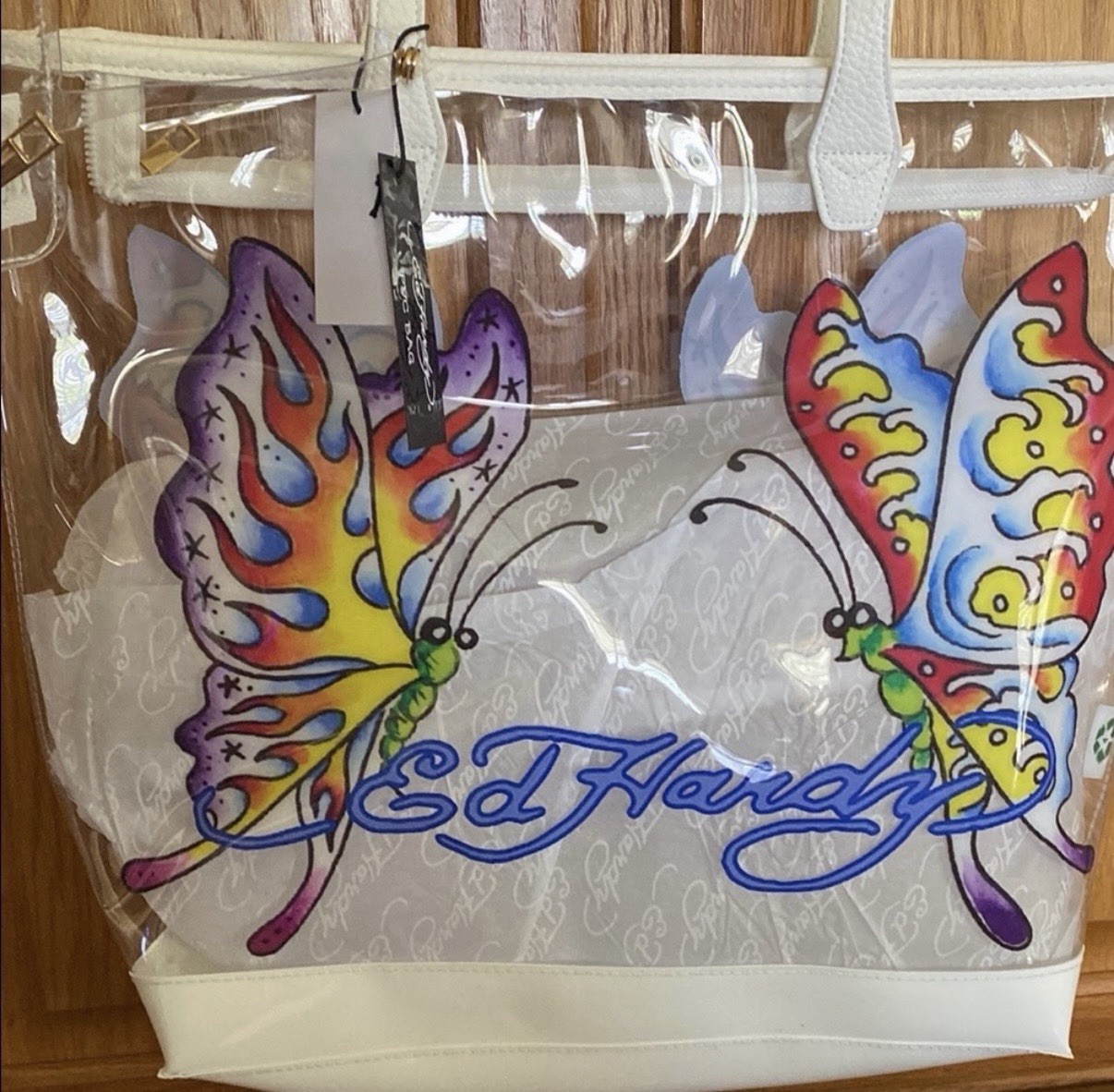 Ed Hardy Clear Butterfly Tote Bag Zip Closure w/ Pouch, Gold Hardware, Women