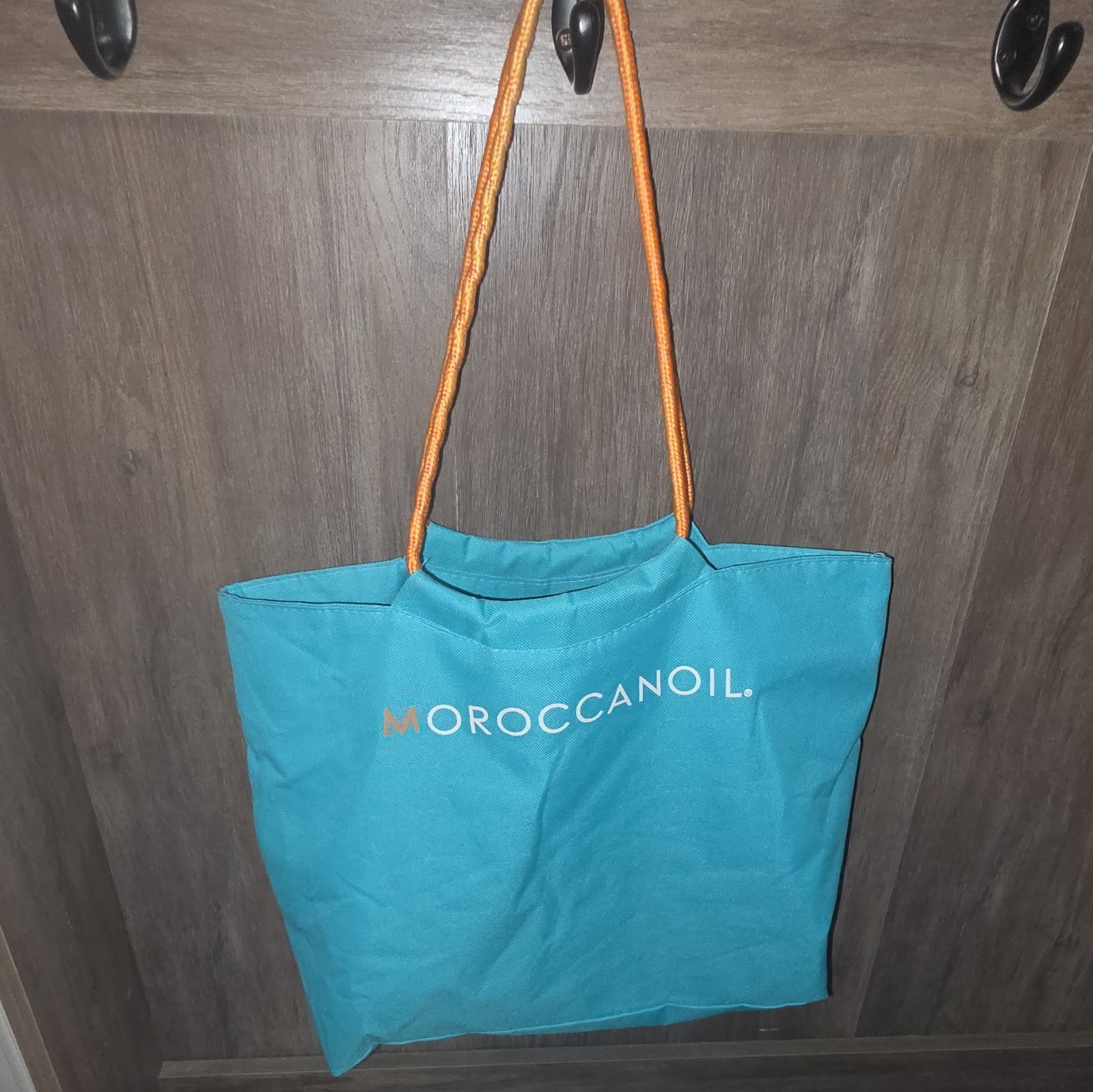 Moroccanoil Blue Tote Bag Orange Shoulder Straps Open Top Logo Pockets