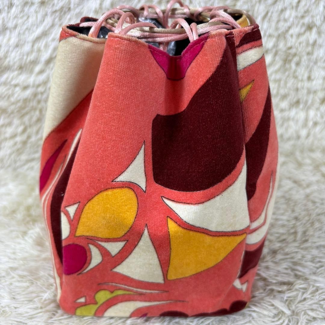 Emilio Pucci Drawstring Handbag Velvet All-Over Print Gold Hardware Italy