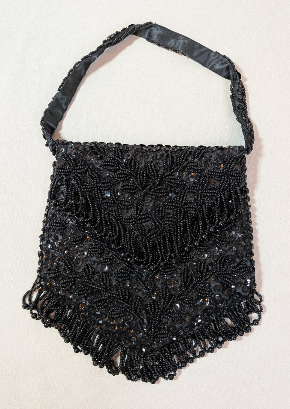 Small Black Purse Beaded Sequins Fringe Trim Flapper Hong Kong Evening Bag Prom