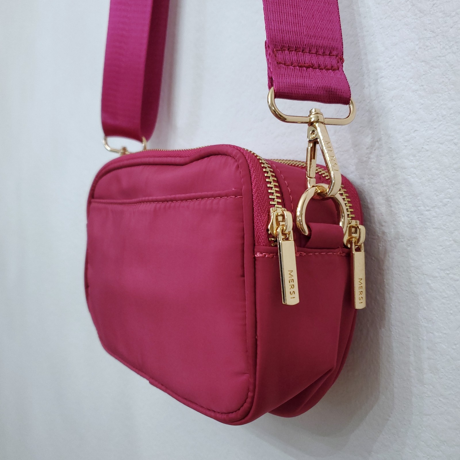 MERSI June Nylon Crossbody Bag in Magenta with Gold Hardware