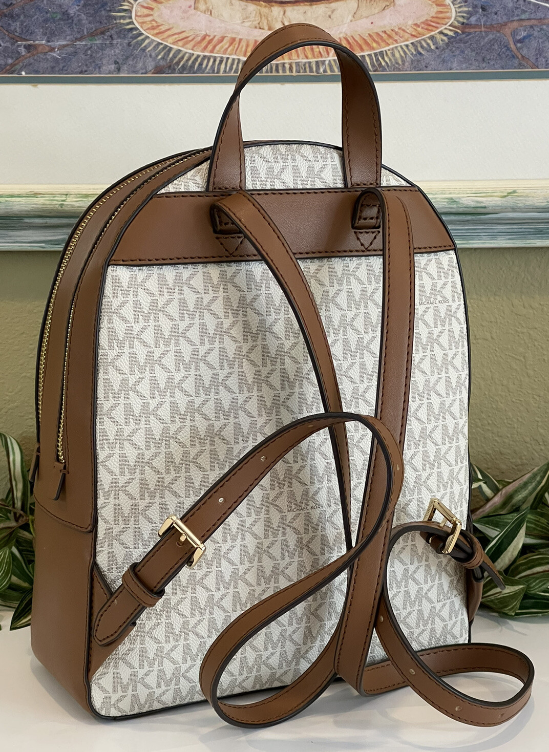 MICHAEL KORS JAYCEE MEDIUM ZIP POCKET BACKPACK BAG TOTE MK VANILLA LOGO LEATHER