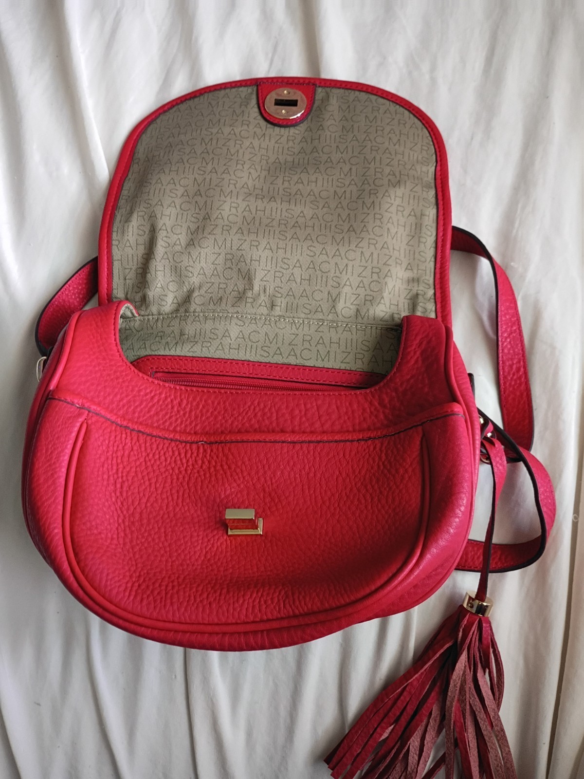 Authentic Isaac Mizrahi Red Pebbled Leather Crossbody Saddle Bag with Tassel