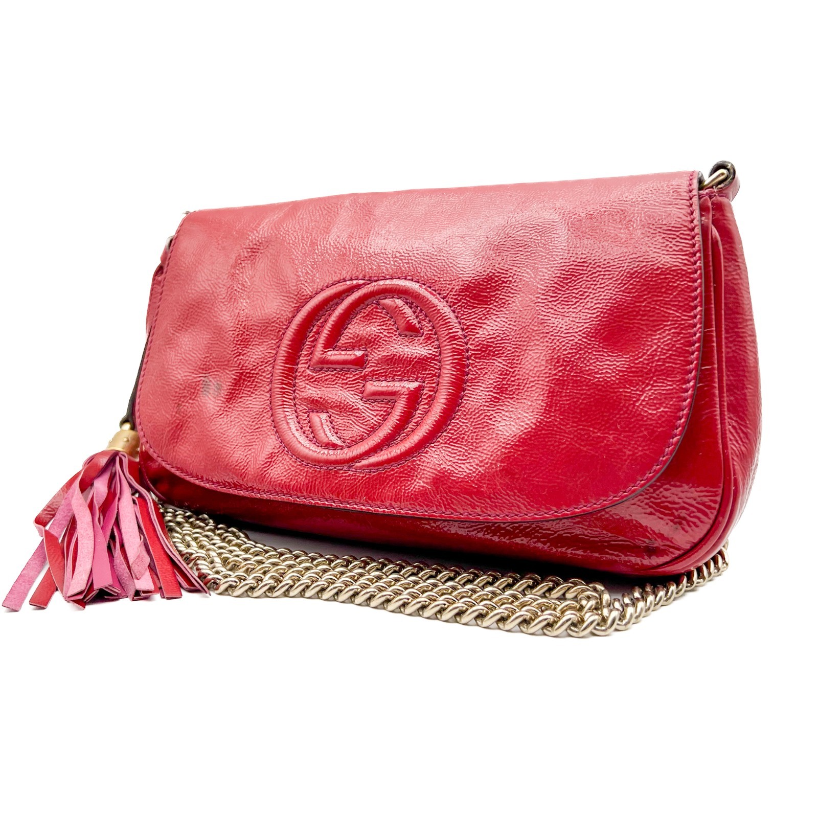 Gucci SOHO Patent Leather Metallic Chain Crossbody Shoulder Bag Red Pink Auth