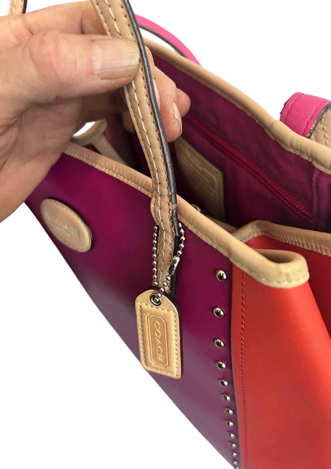 COACH Metro Colorblock Pink Orange And Tan Studded Leather Tote Bag Read List