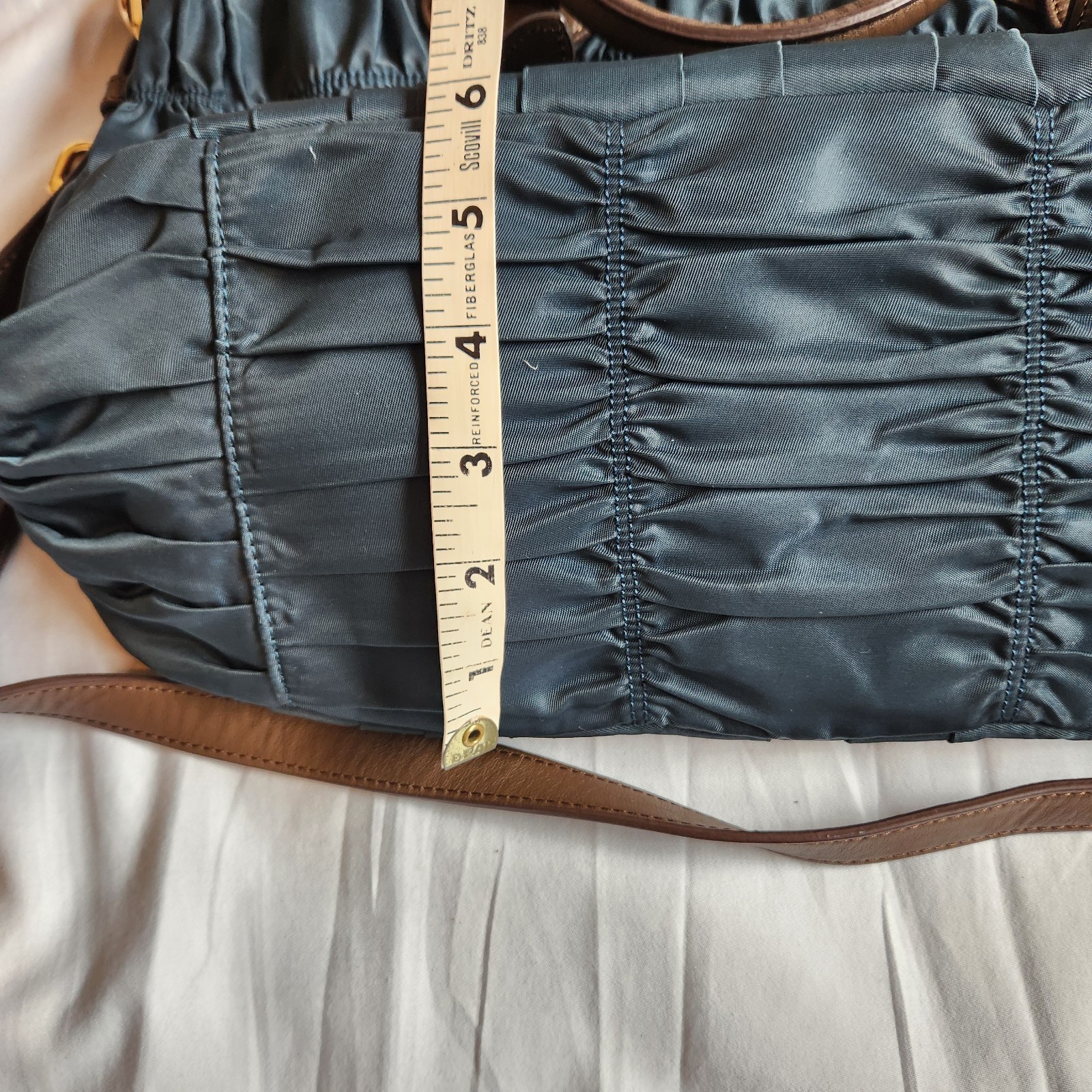 Prada Tessuto Gaufre Satchel Bag Blue Nylon Leather Gold Hardware Excellent Cond
