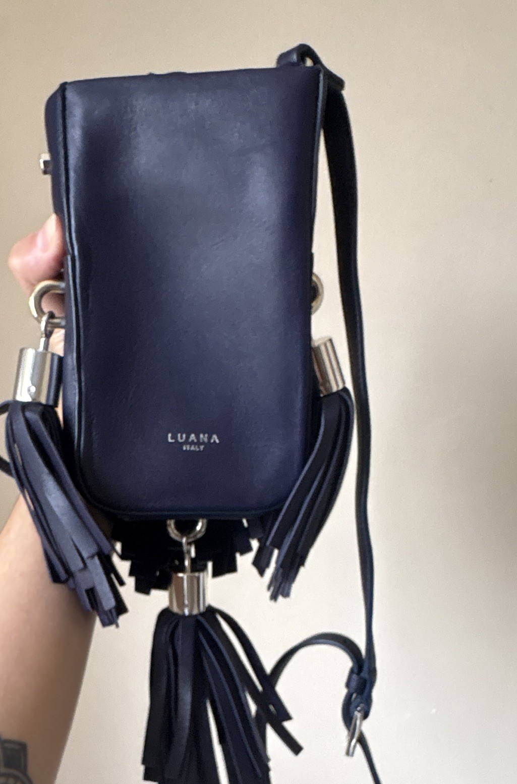 LUANA Blue Crossbody Bag Magnetic Closure Tassel Logo Accents Silver HW