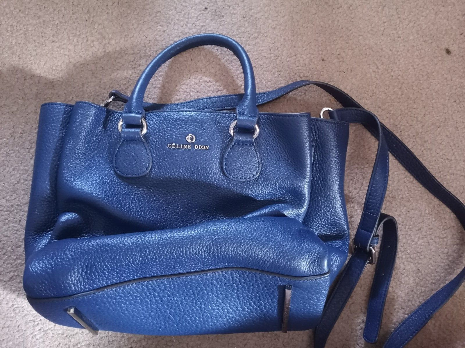 Celine Dion Navy Blue Leather Satchel Top Handle Tote Handbag Purse