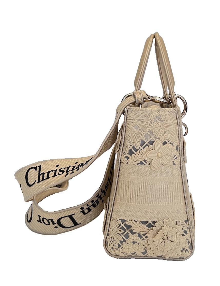 Christian Dior Small Lady D-Lite Natural Lace Embroidery Tote Bag w/ cards