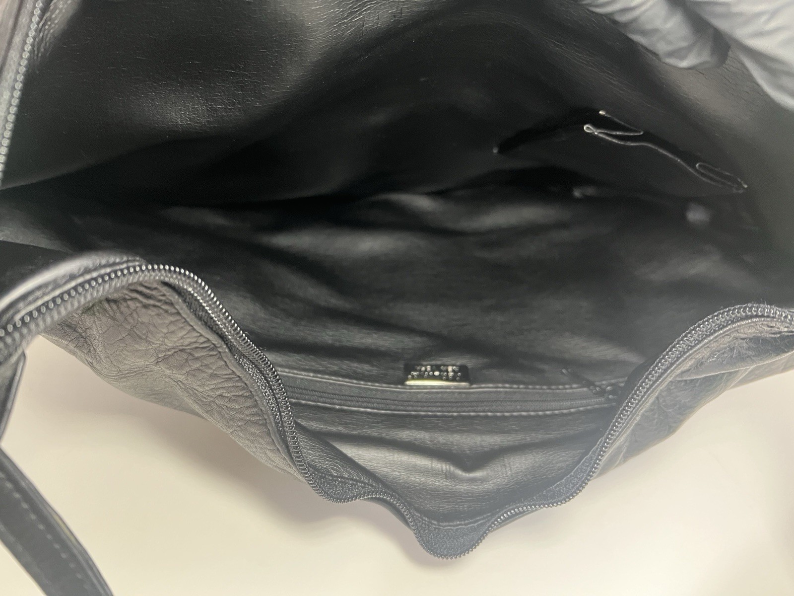 Vintage Perlina Black Leather Crescent Shoulder Bag W/ Brushed Silver Hardware