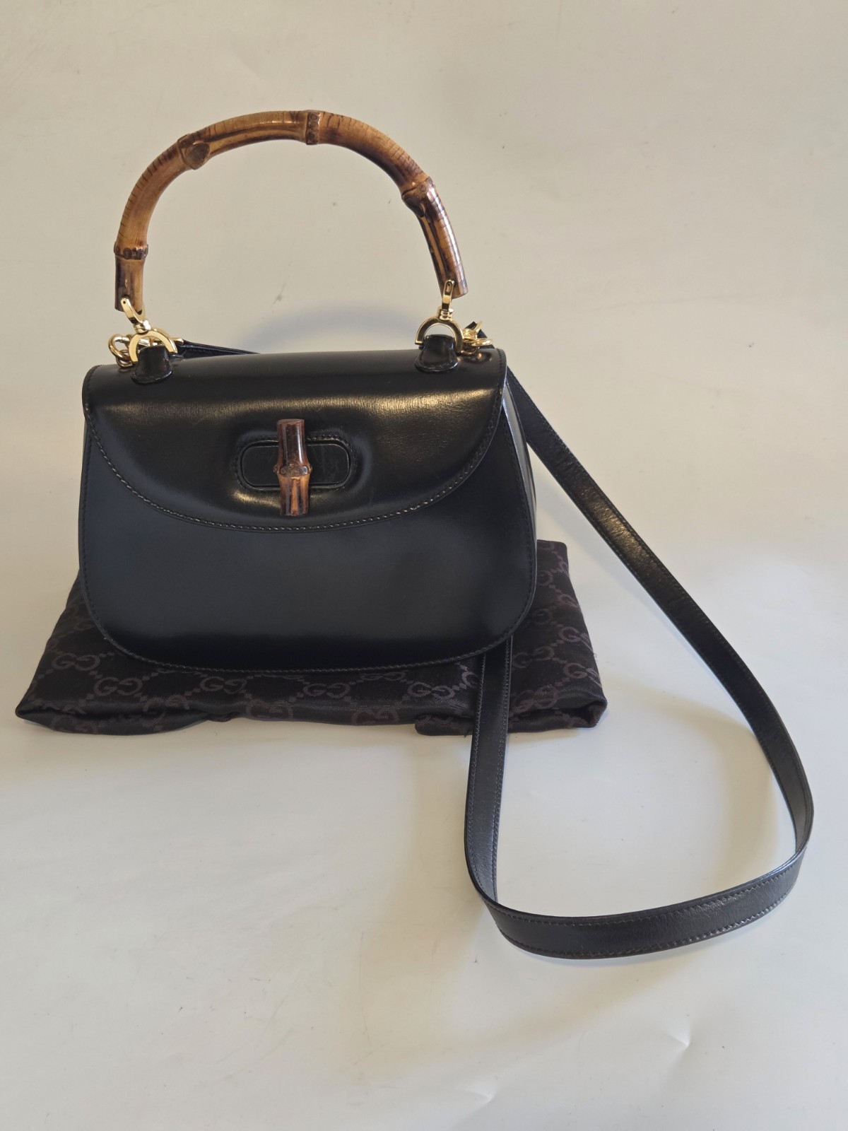 GUCCI Bamboo Turn Lock Closure Black Leather Bag +Dust Bag Made In Italy 🇮🇹