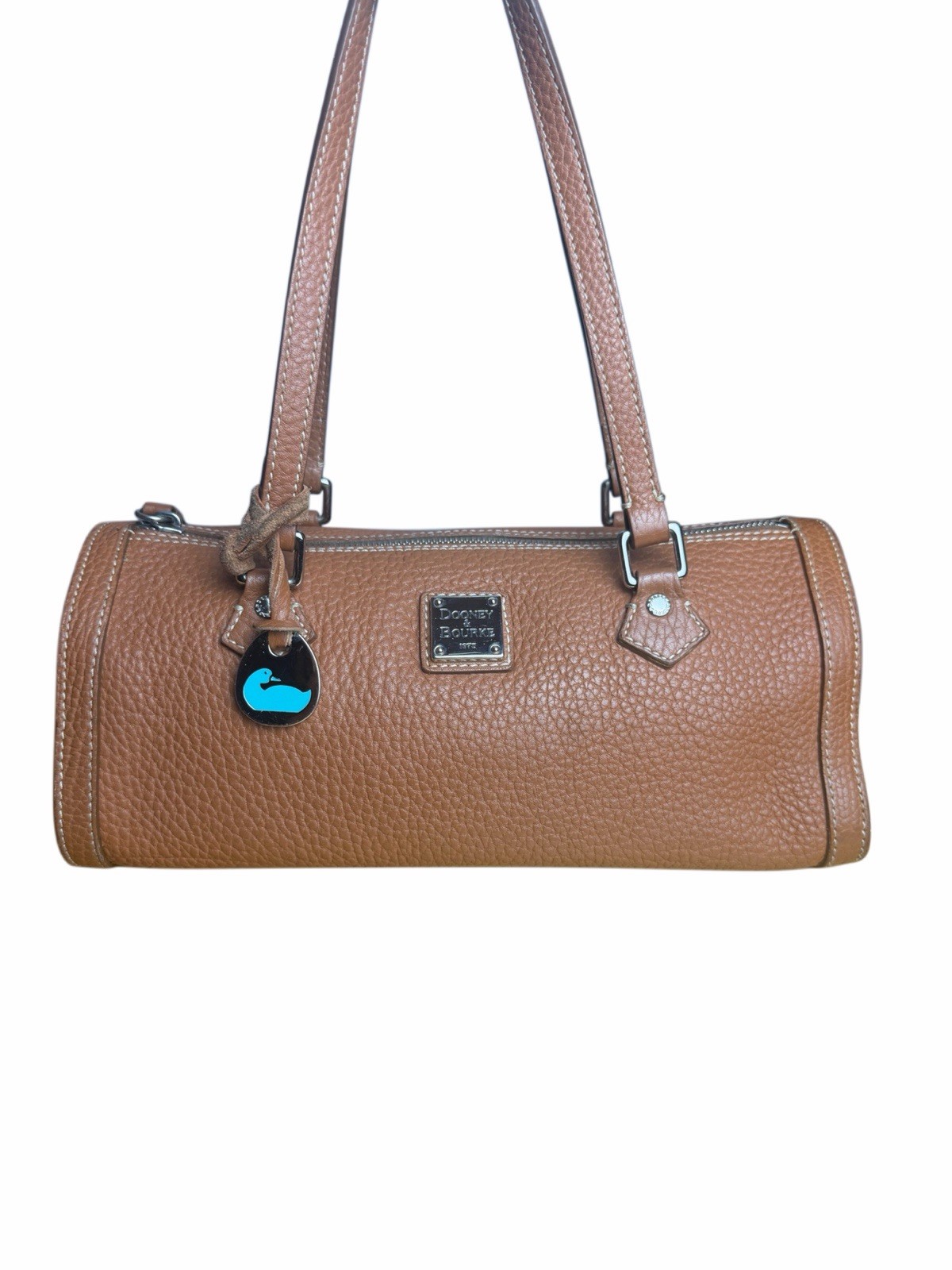 Authentic Dooney & Bourke Pebbled Leather Barrel Bag Cognac Brown Duck Medallion