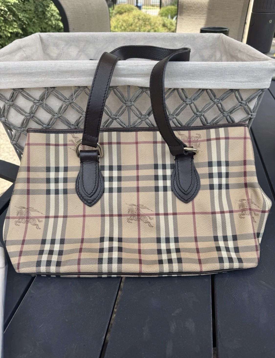 Authentic Burberry Haymarket Check Tote Shoulder Bag with Bottom Studs