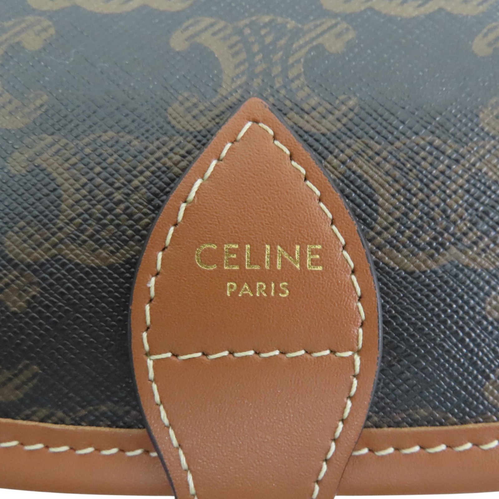 CELINE Folco Shoulder Bag Tan Triomphe Canvas Brown Calfskin 191502BZJ.04LU