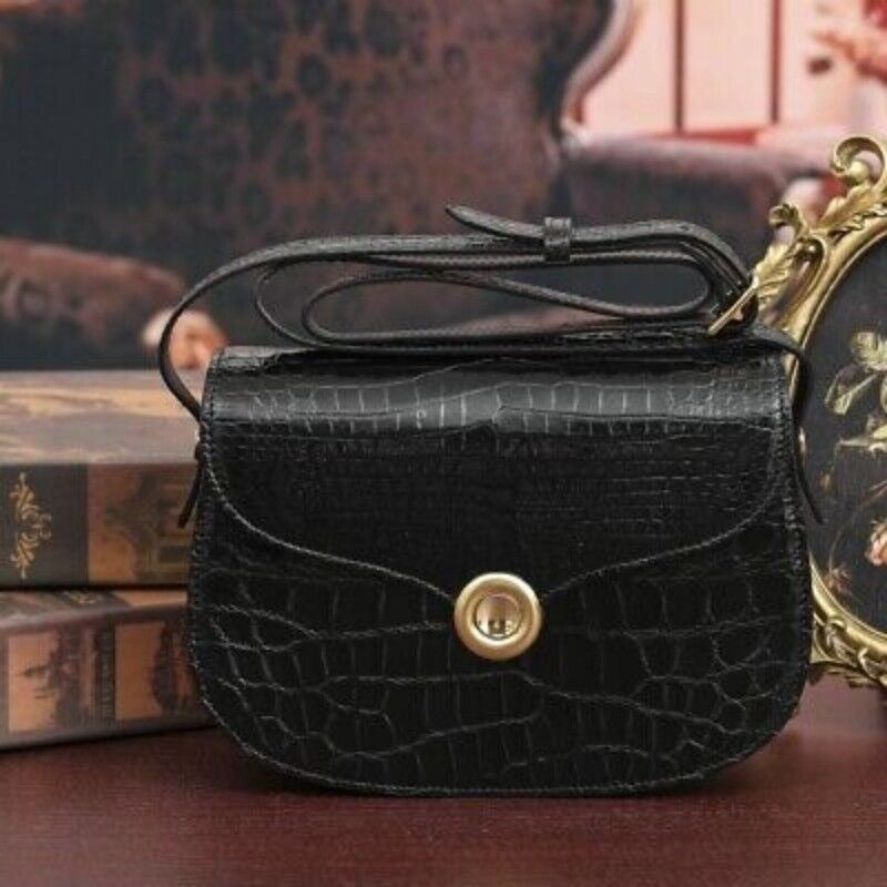Handcrafted Genuine Croco Belly Skin Leather Saddle Bag Women Black Underarm bag