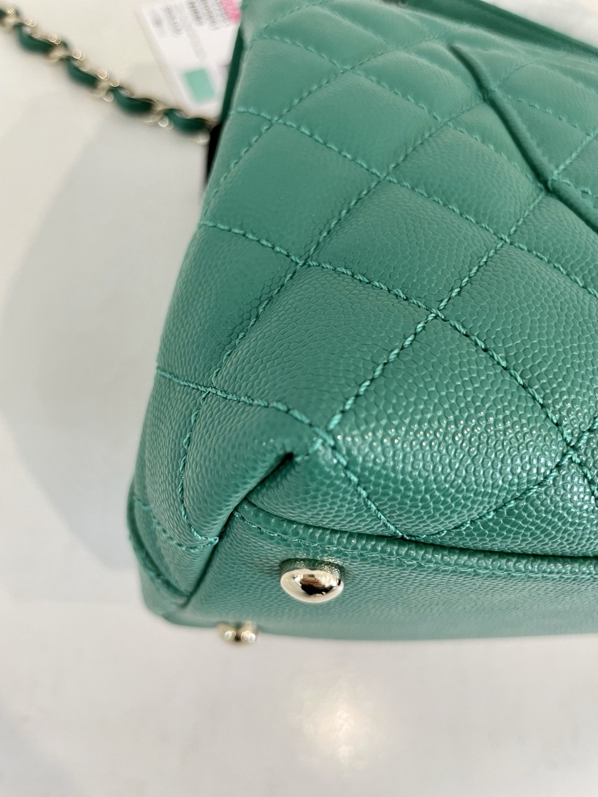 New 22A CHANEL Medium Large Flap Coco Top Handle Green Caviar Gold Bag RECEIPT