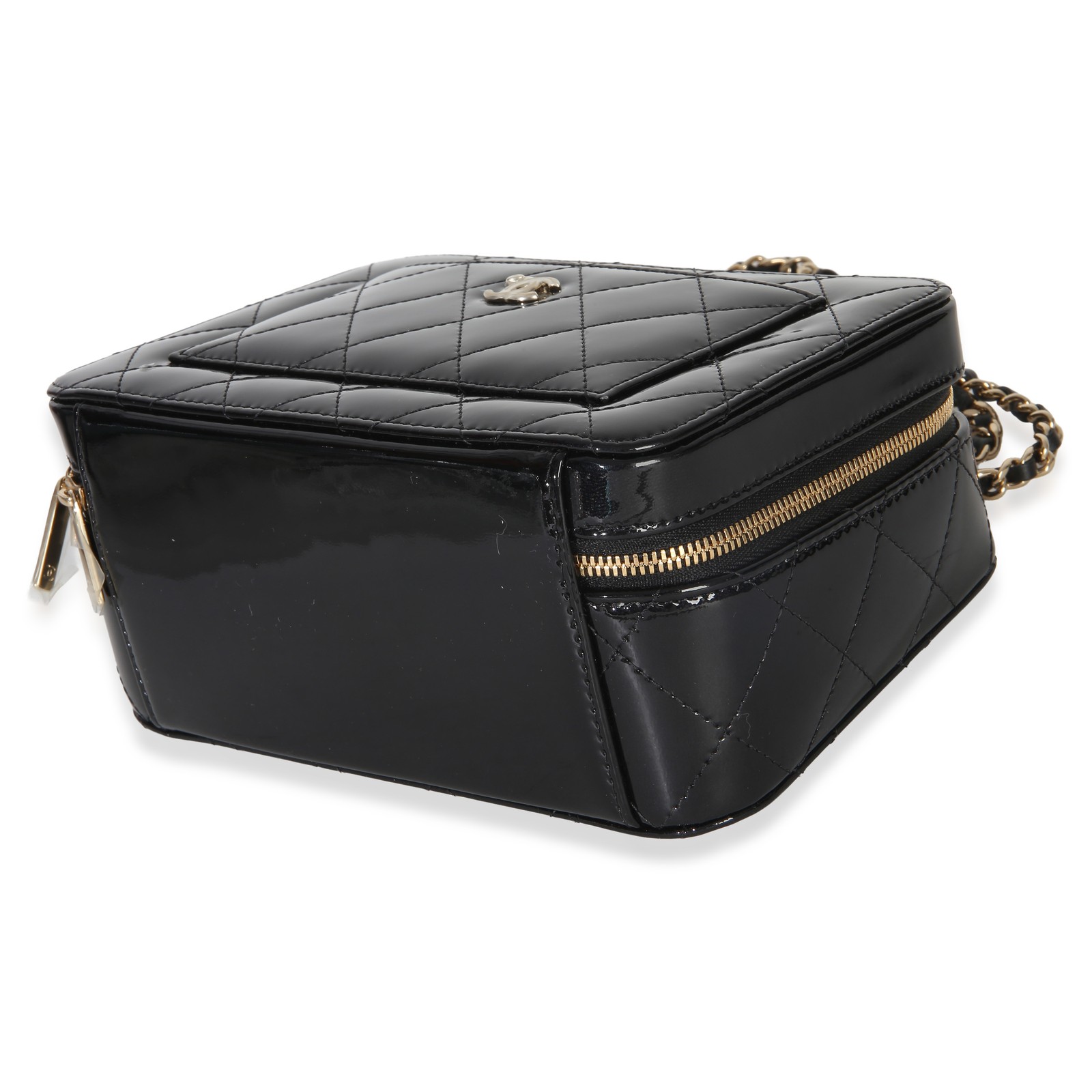 Chanel Black Quilted Patent Top Handle Vanity With Chain