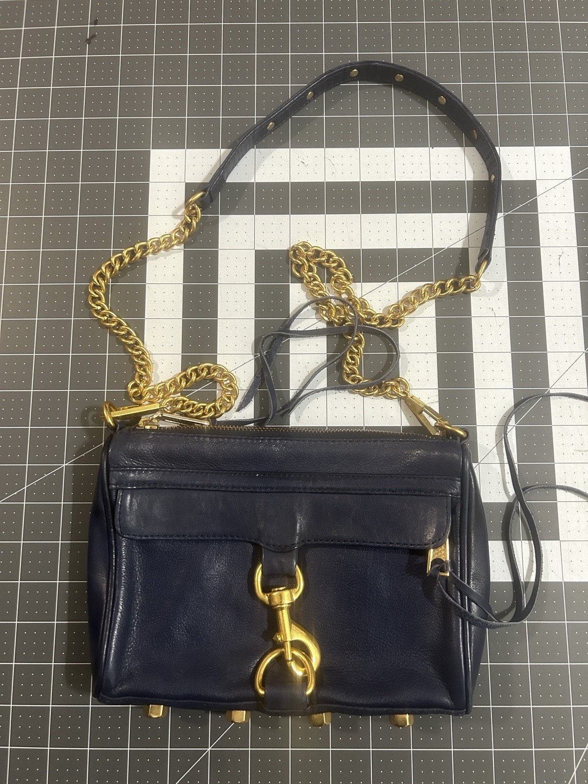 Rebecca Minkoff Mini MAC Crossbody Navy leather w/ Gold chain strap