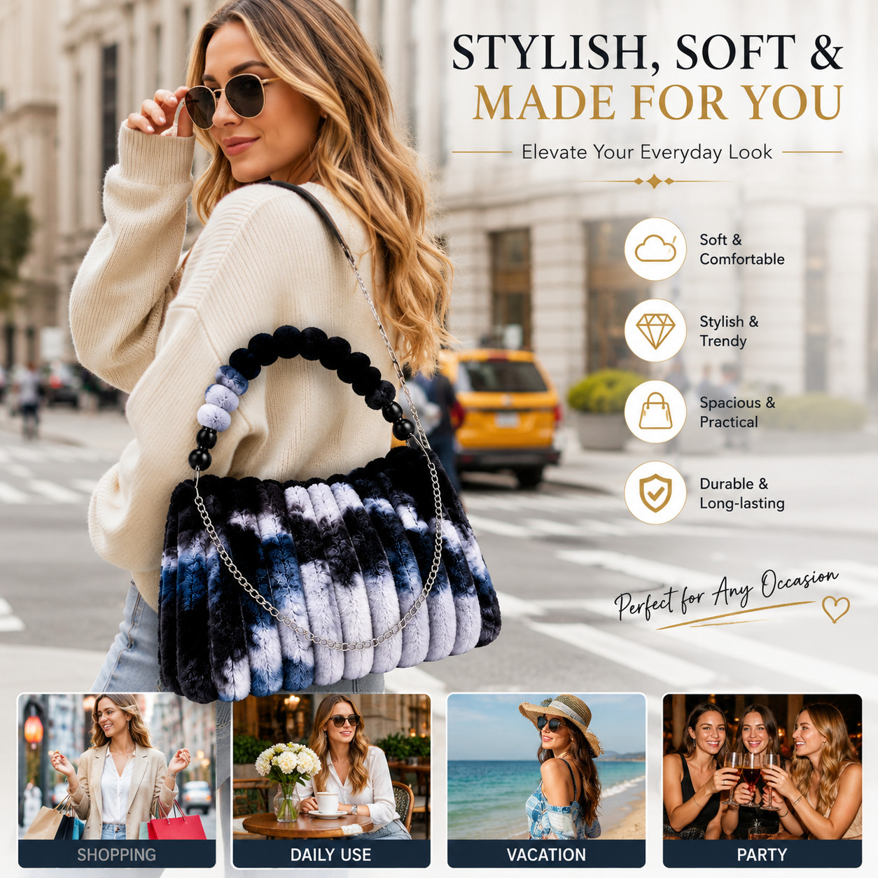 Fluffy Tie-Dye Plush Handbag Women Faux Fur Square Tote Bag Chain Strap Medium