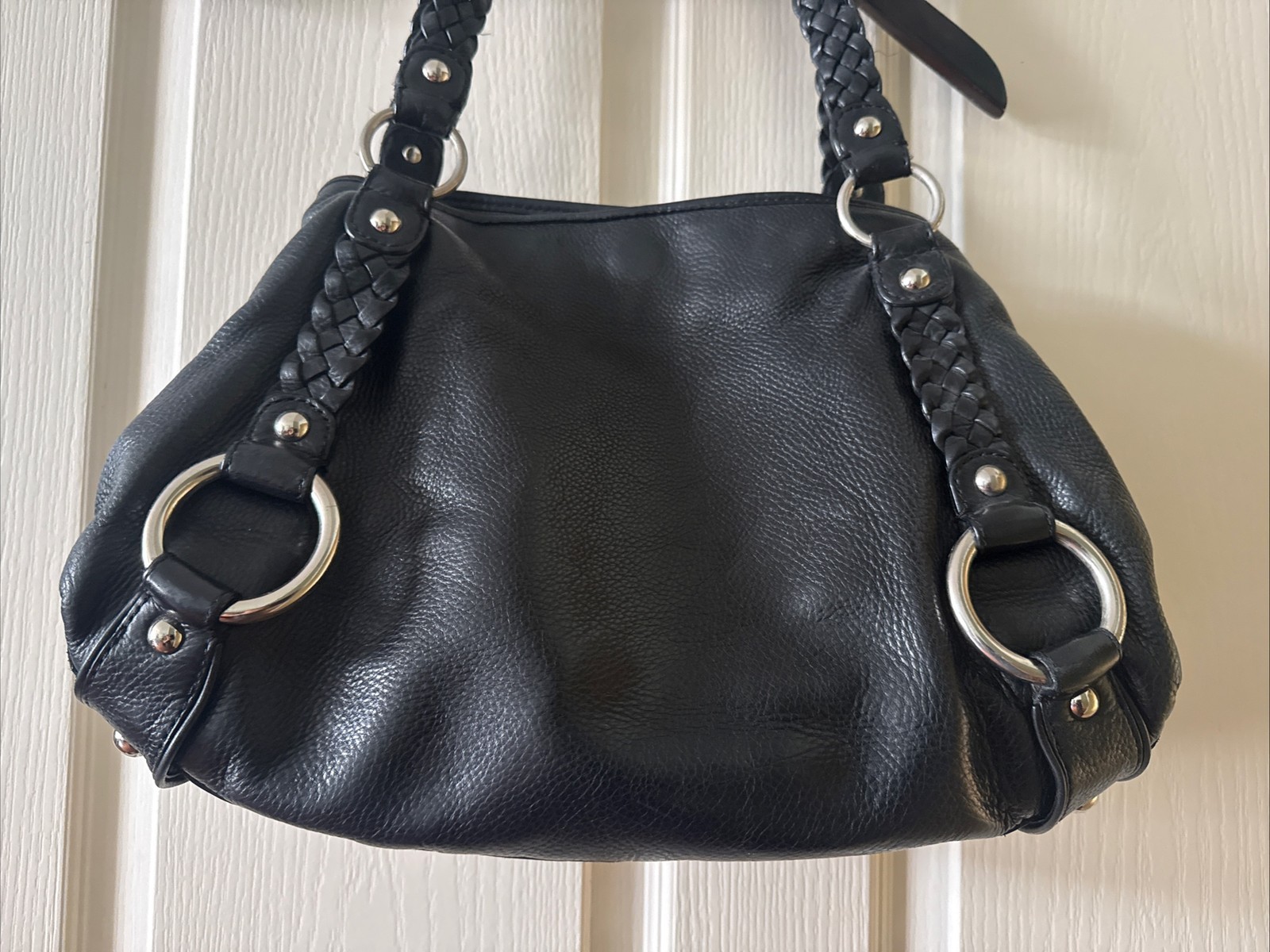 Banana Republic Black Genuine Pebbled Leather Braided Handle Chrome Hardware