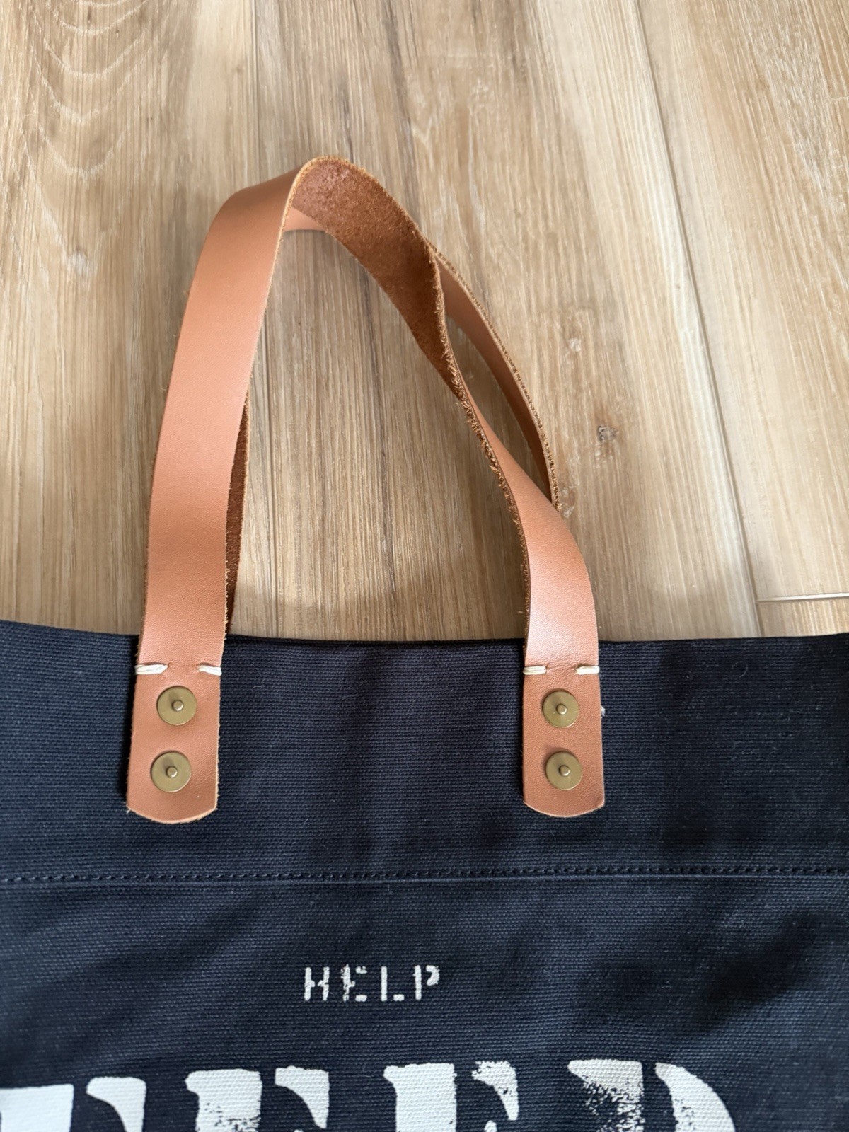 FEED Children Of The World Black Tote Bag Brown Leather Handles 13in HELP