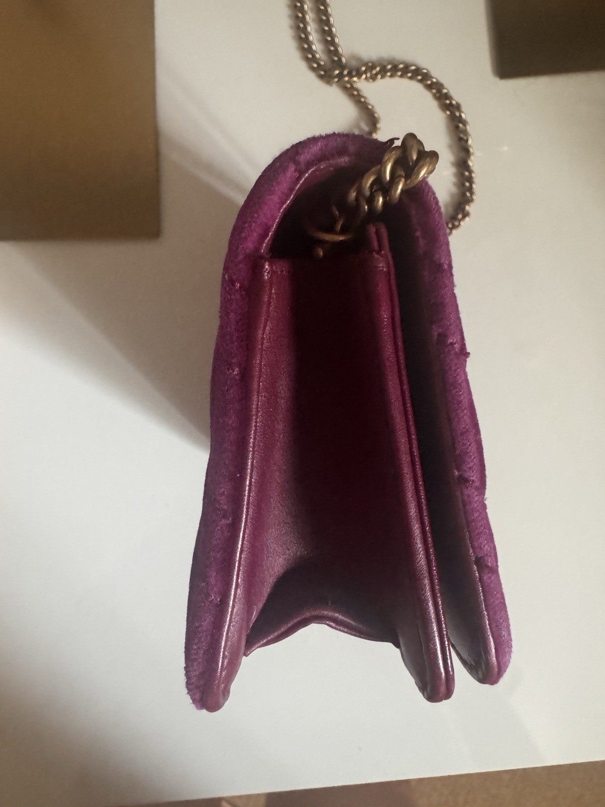 GUCCI GG Marmont Fuchsia Velvet Chevron Chain Shoulder Bag w/ Dust bag 4.1″x7.2″