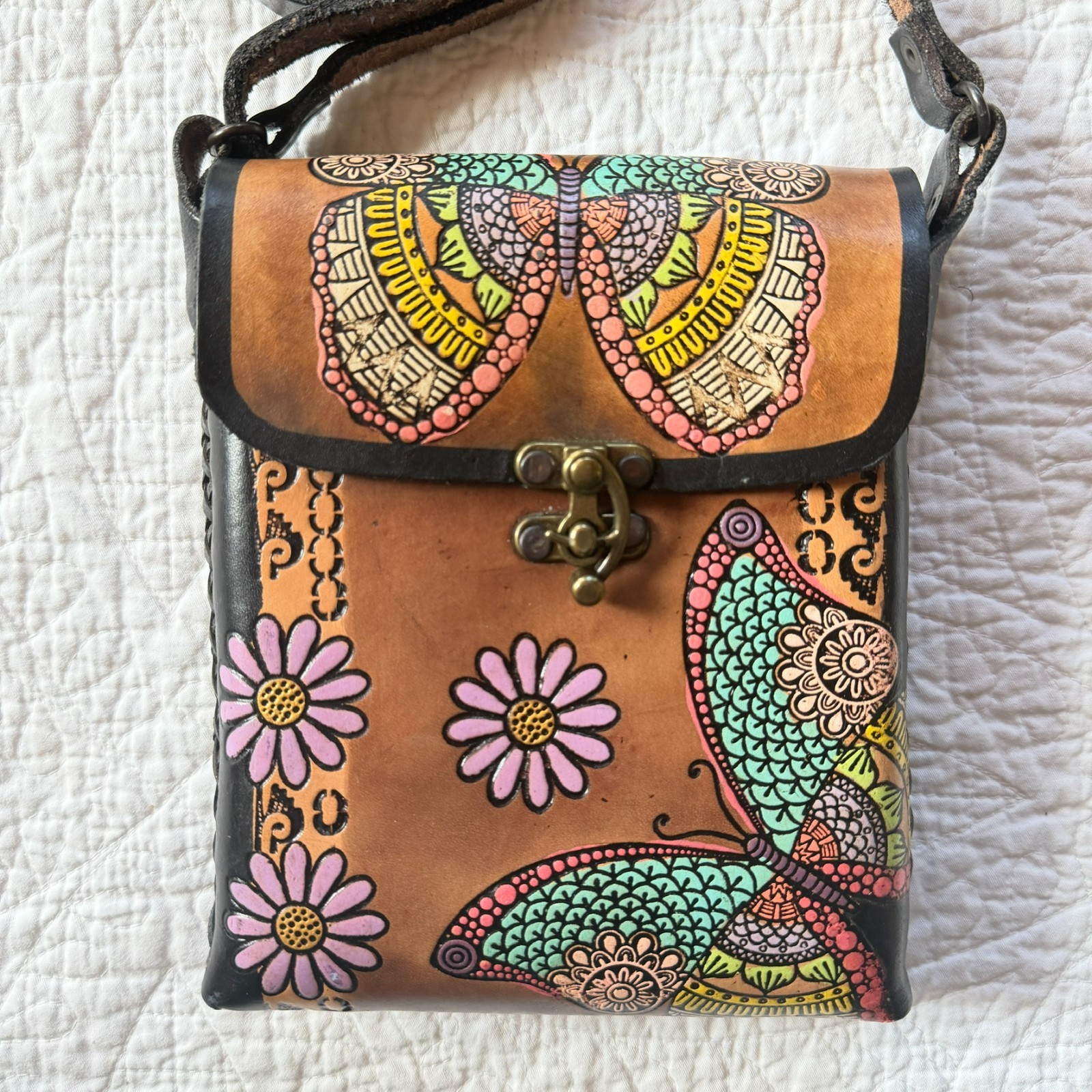 Artisan Hand Painted Tooled Leather Crossbody Festival Butterfly Floral Boho Bag