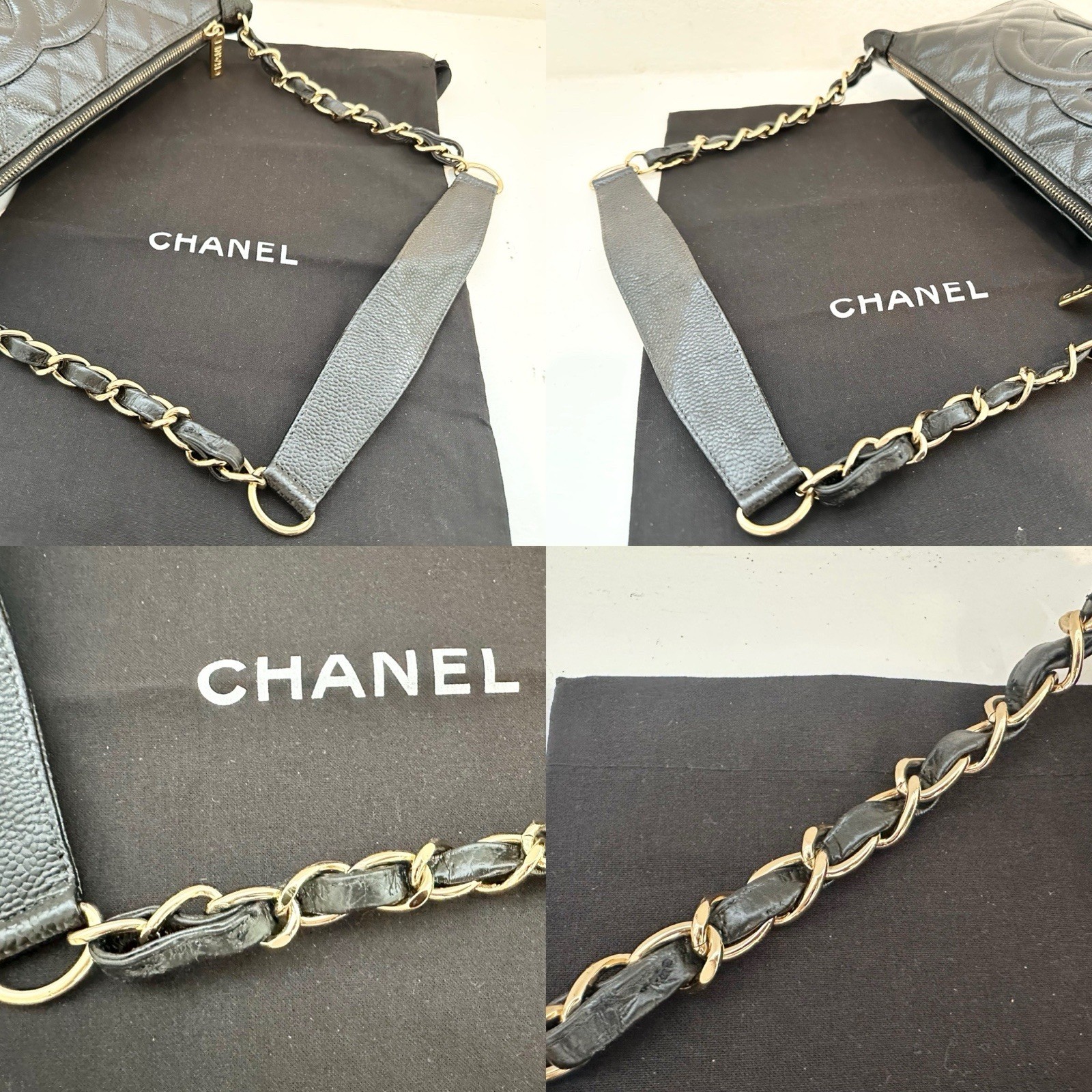 Auth CHANEL Classic CC Black Caviar Leather Pochette Chain Shoulder Bag