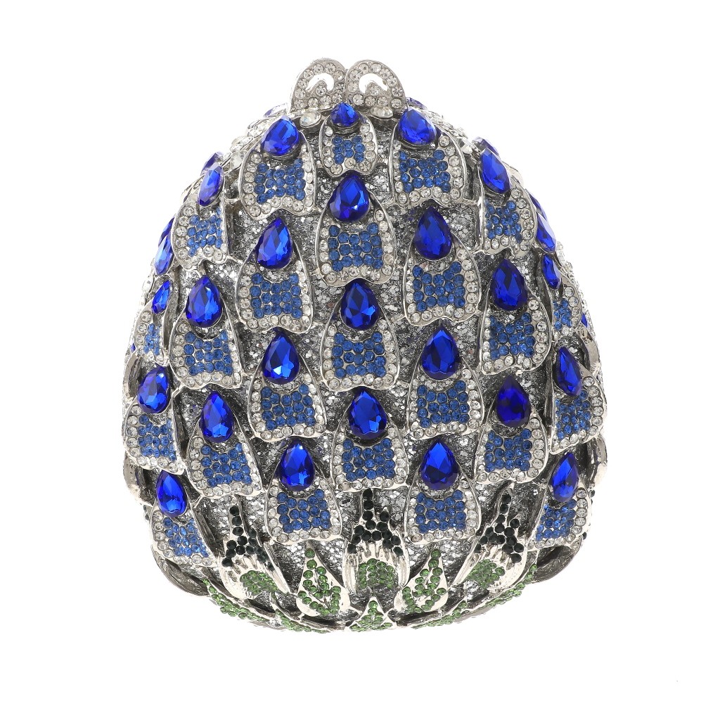 Silver Tone Alloy Metal Crystal Rhinestone Clutch Evening Bag HB6279-BLU