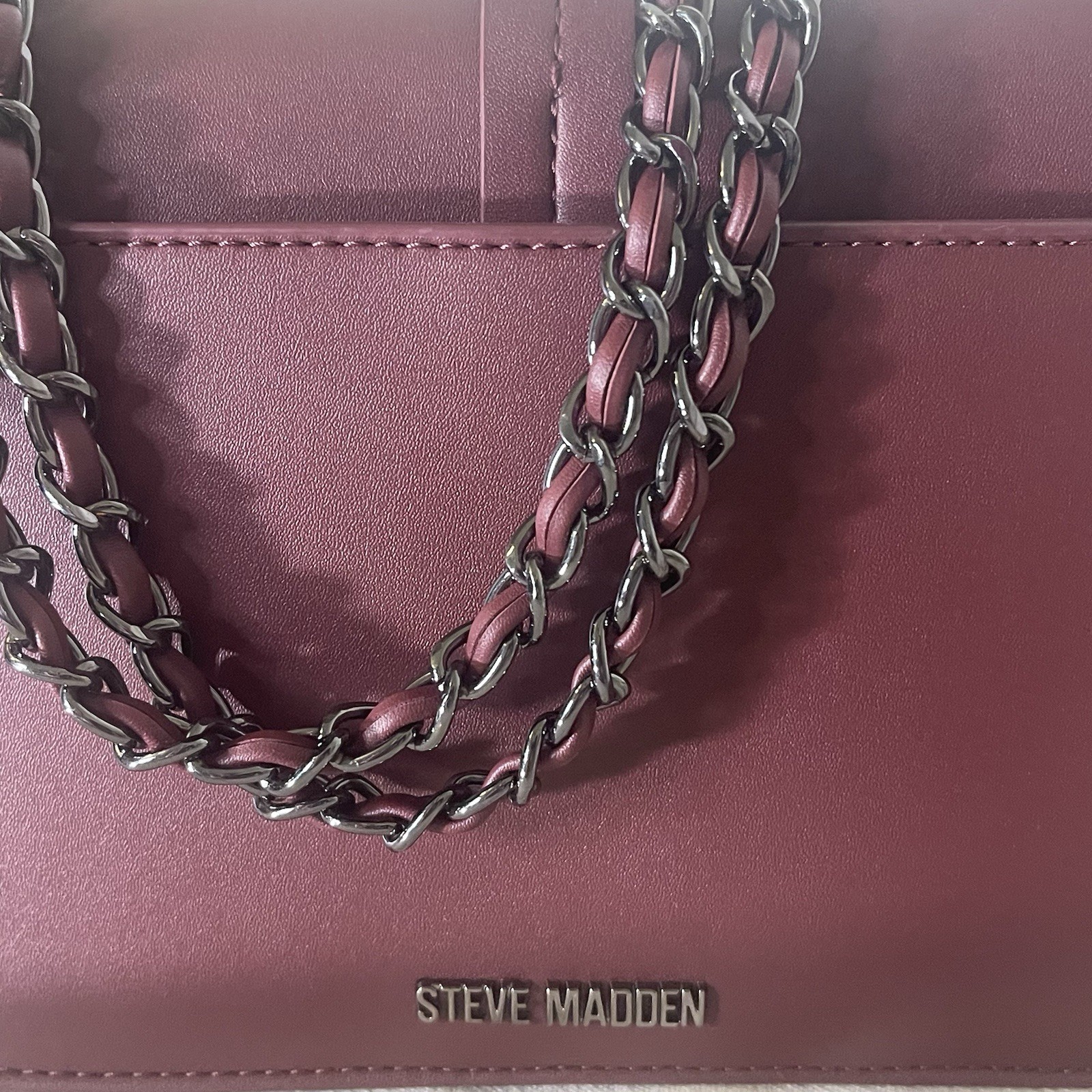 Steve Madden Burgundy Faux Leather Chain Strap Crossbody Shoulder Bag