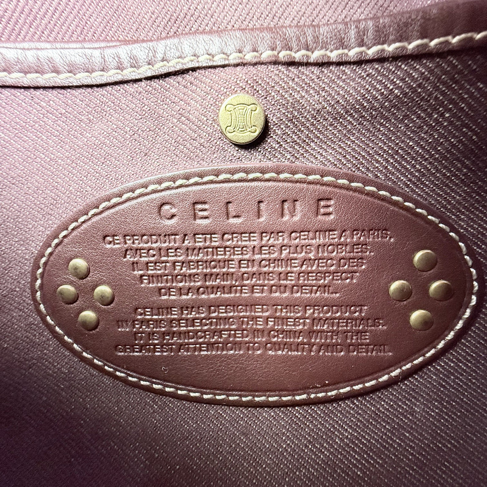 Celine Denim Triomphe Monogram Studded Poulbot Shoulder Bag in Burgundy Colour