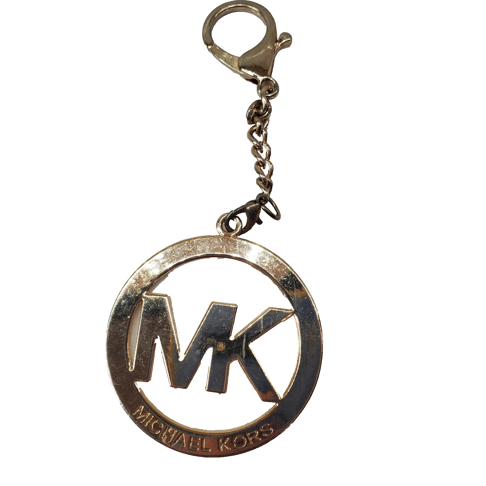 Michael Kors Round Gold Tone Clip On MK Purse Charm w Carabiner