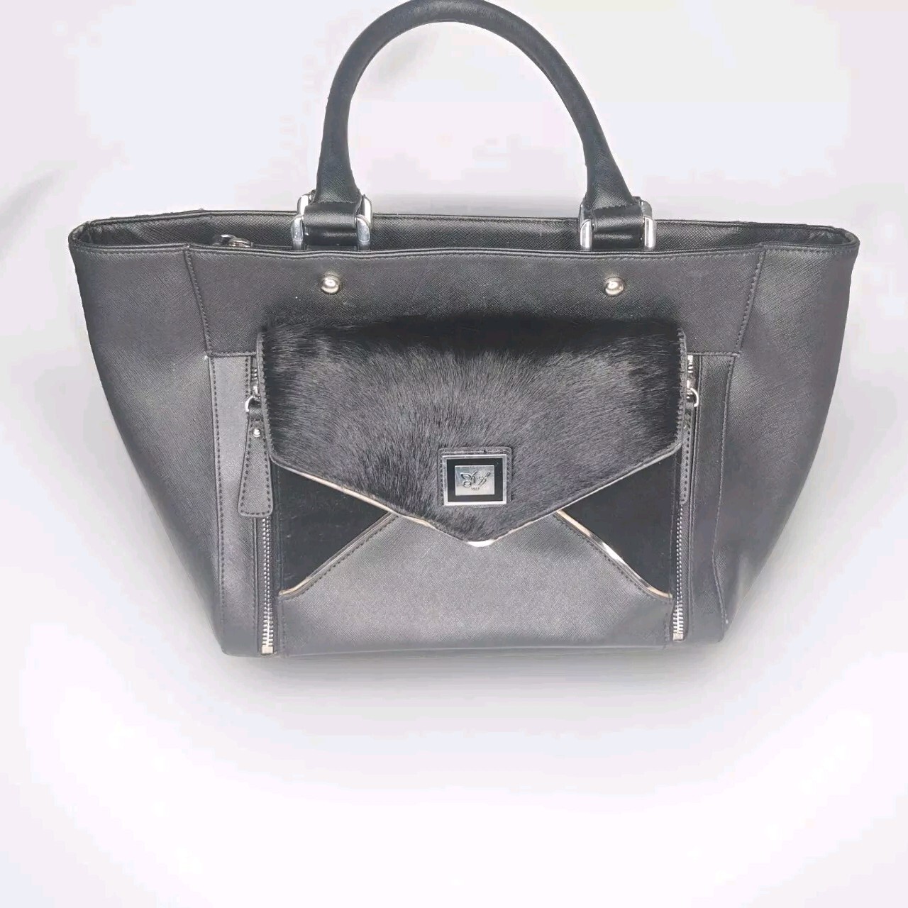 Sharif 1827 Large Black Leather Handbag Double Handle Purse w/Chrome/Fur/Suede