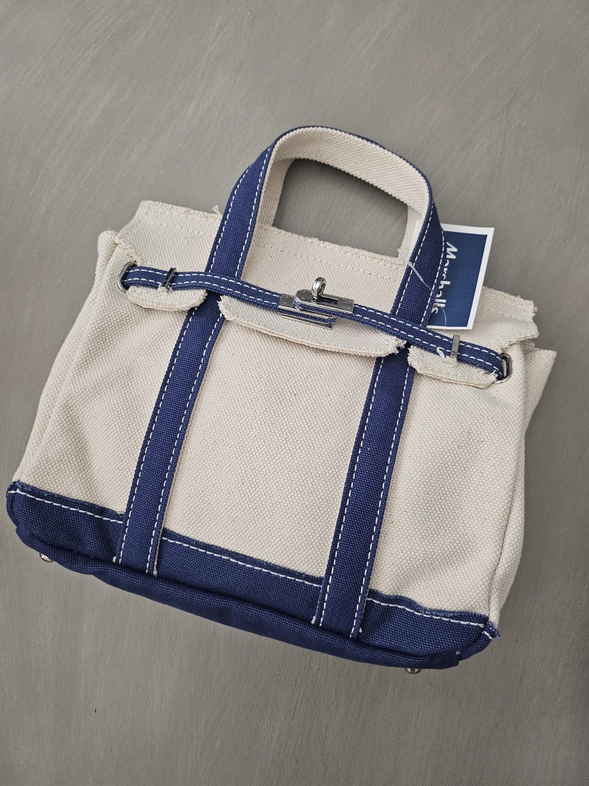 Sunwin Canvas Belted Tote Bag Cream Blue Trim Raw Edge Satchel