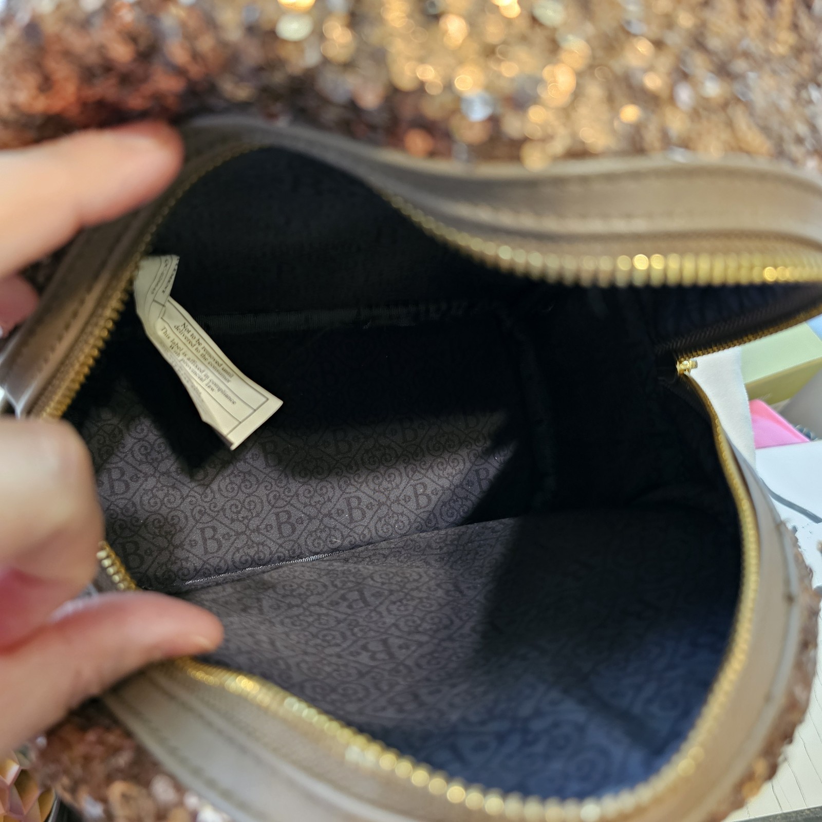 Loungefly Biltmore Brown Sequin Backpack Gold Hardware Bag Charm 10×9.5x5in EUC