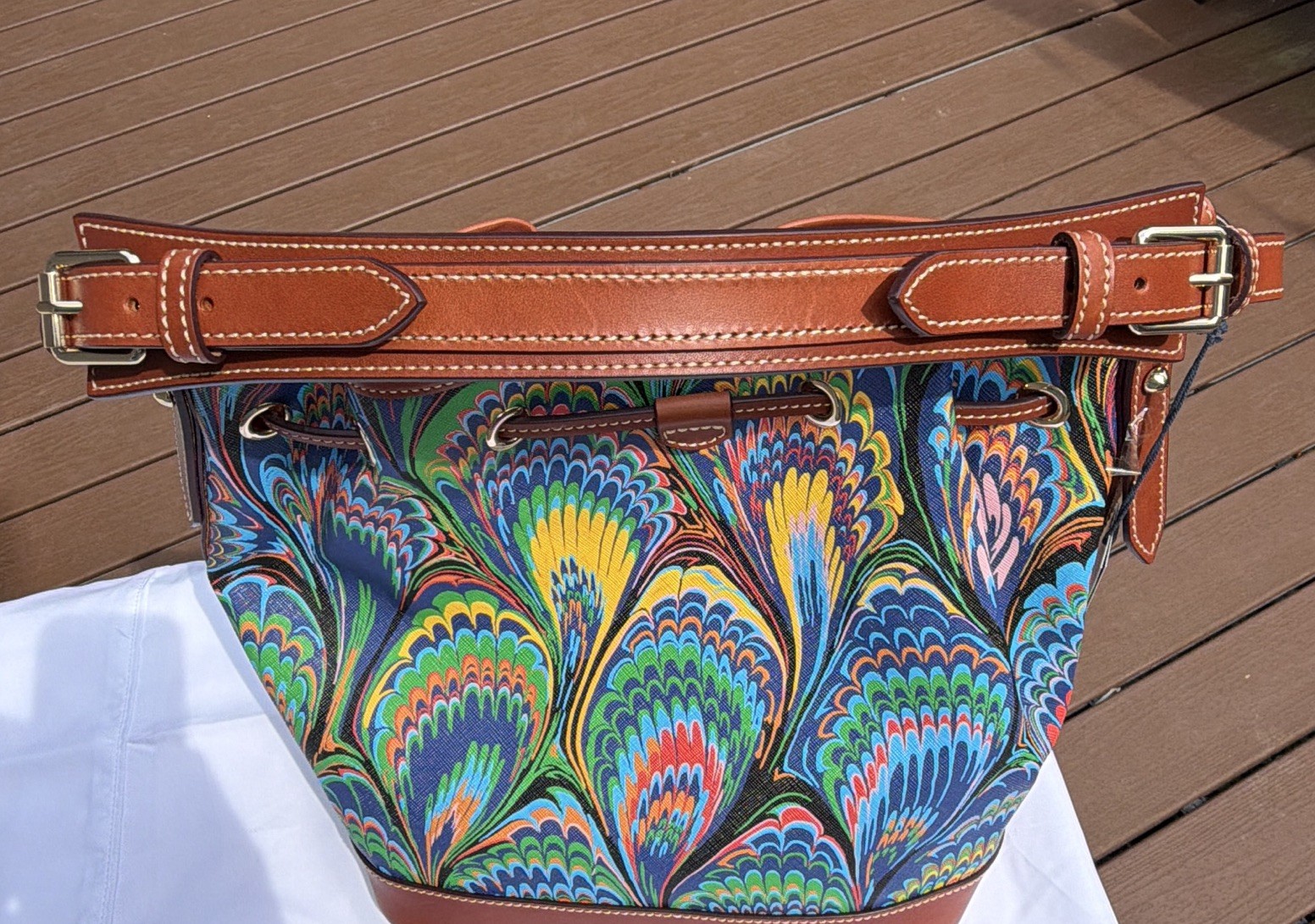 Dooney & Bourke Floral Multicolor Bucket Drawstring Lined Gold Detachable Strap