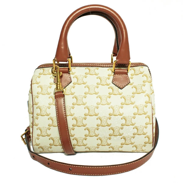 Celine Triomphe Small Boston Bag Canvas Calfskin White Brown 197582 Pre-owned