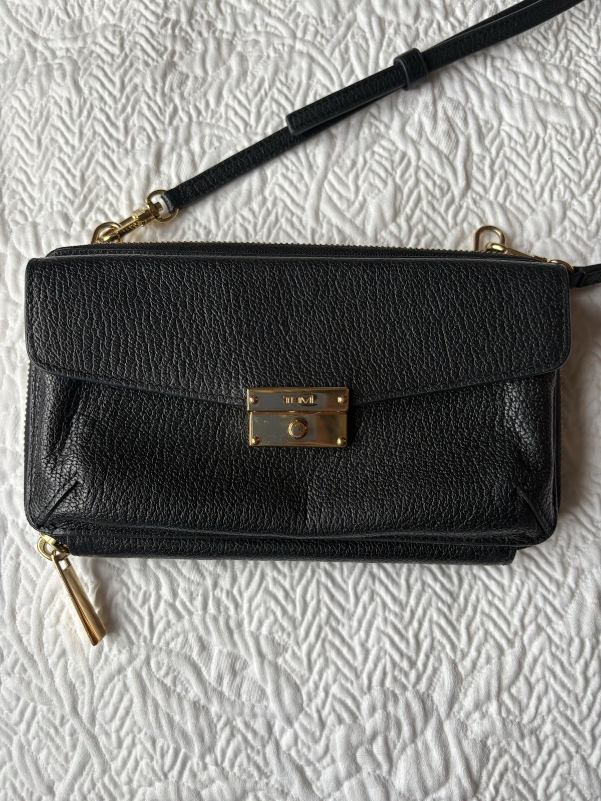 TUMI Black Pebbled Zip-Around Crossbody Wallet Bag Gold Hardware, Card Slots