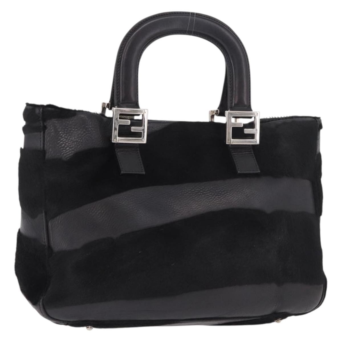 FENDI Hand Bag Harako Leather Black Silver Auth 186561A