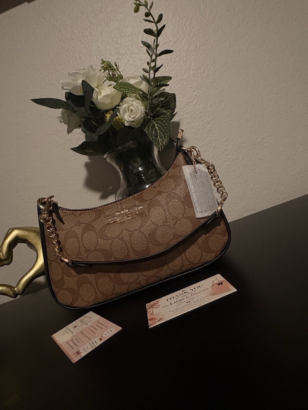 Coach Brown Signature Monogram Small Shoulder Bag, Zip, Gold Chain Strap