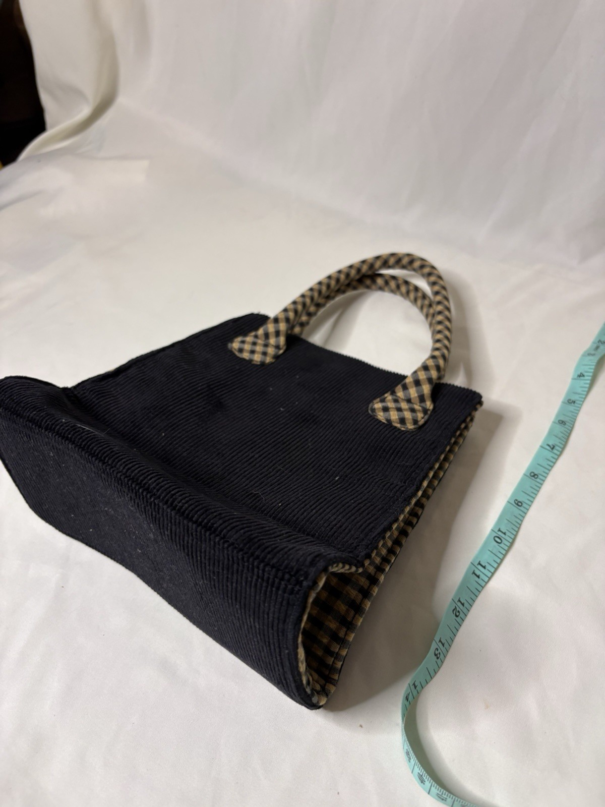 Longaberger Black Corduroy Small Double Handle Tote Bag w/Checkered Detail Used